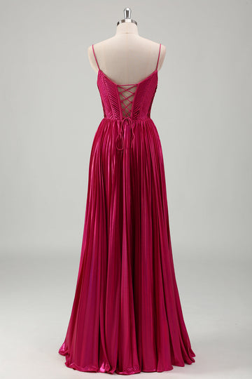 Fuchsia A Line Spaghetti stropper Korset plisseret bal kjole med blonder op tilbage